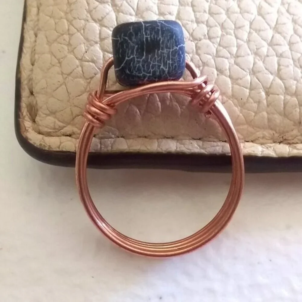 Size 7 - Frosted Black Dragonvein Cube + Copper Wire Ring! Goth Punk Grunge Rock